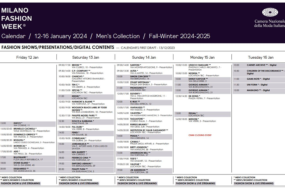 Calendario sfilate Milano Fashion Week Men's