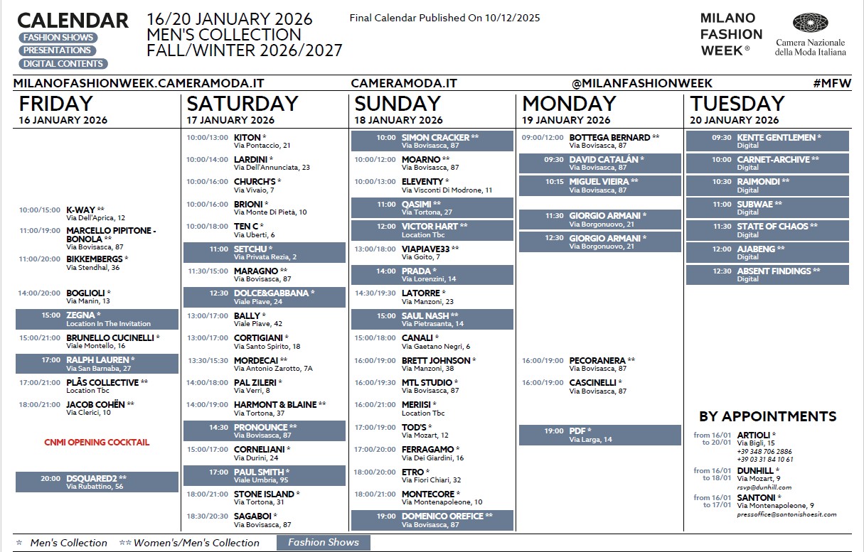 CALENDARIO Milano Fashion Week Men’s